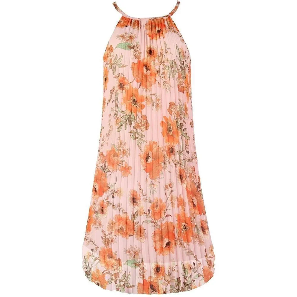 Women's Summer Spaghetti Strap Pleated Casual Swing Midi Dress with Belt - Picture 4 of 6